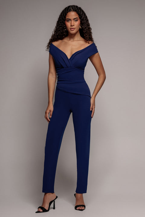 Bardot Scuba Jumpsuit - Navy Blue by Goddiva