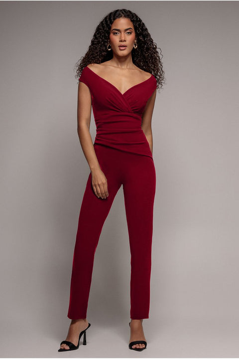 Scuba Crepe Wrap Bardot Jumpsuit - Wine by Goddiva