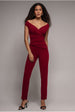 Scuba Crepe Wrap Bardot Jumpsuit - Wine by Goddiva