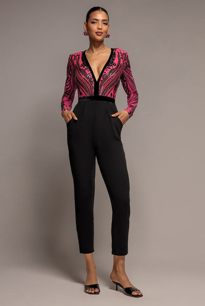 Deep V Neck Sequin Embroidered Jumpsuit - Cerise by Goddiva