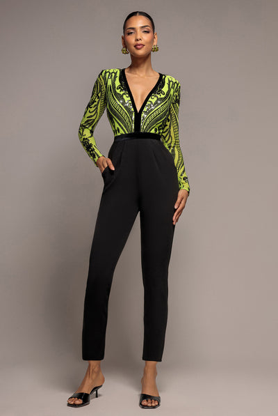 Deep V Neck Sequin Embroidered Jumpsuit - Lime by Goddiva