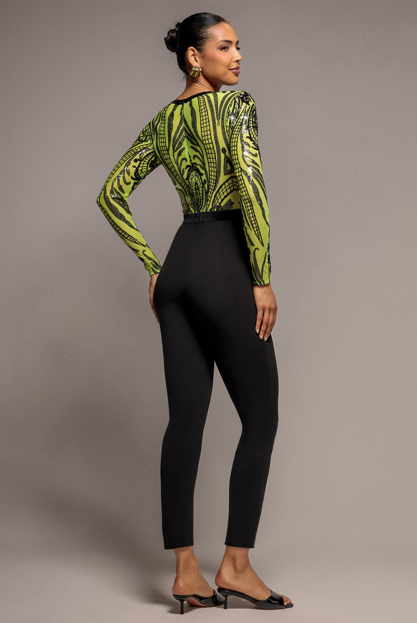 Deep V Neck Sequin Embroidered Jumpsuit - Lime TR123