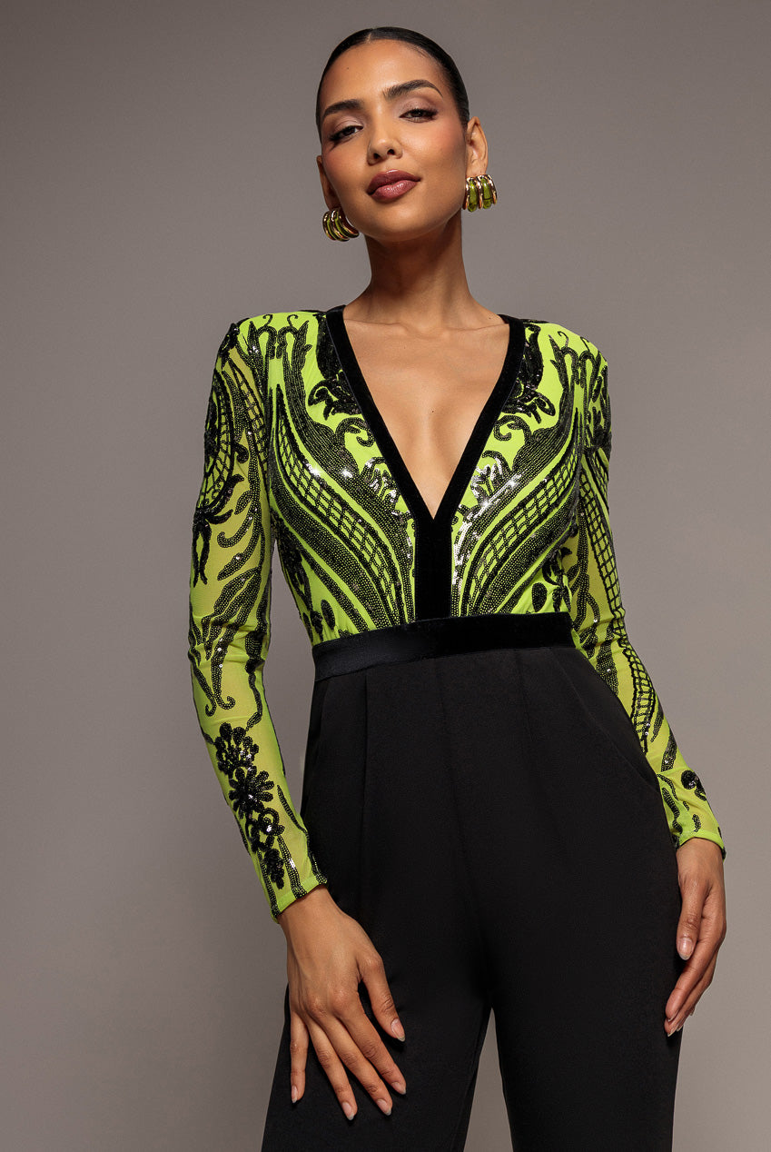 Deep V Neck Sequin Embroidered Jumpsuit - Lime TR123