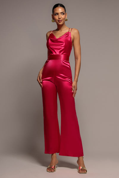 Satin Cowl Neck Jumpsuit - Cerise by Goddiva
