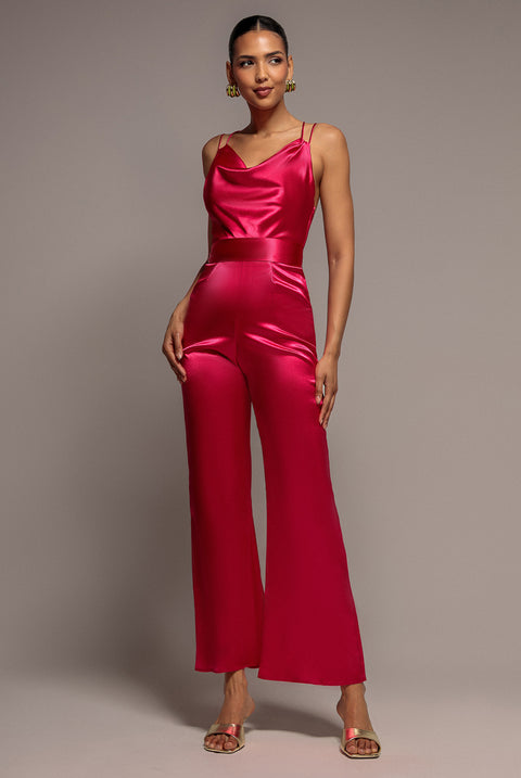 Satin Cowl Neck Jumpsuit - Cerise by Goddiva