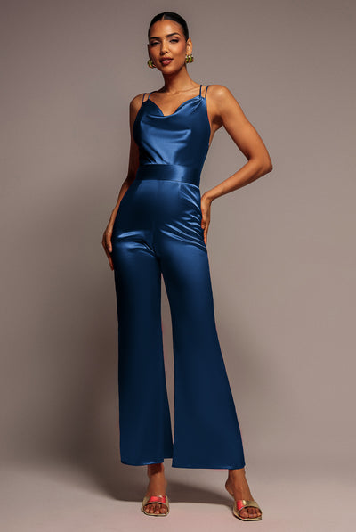 Satin Cowl Neck Jumpsuit - Navy Blue by Goddiva