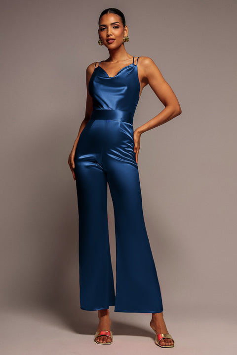 Satin Cowl Neck Jumpsuit - Navy Blue by Goddiva