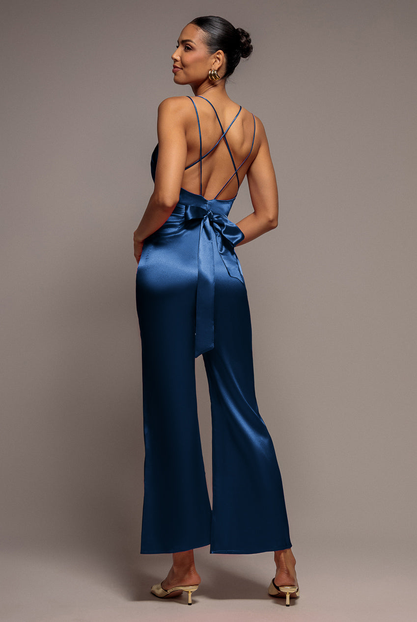 Satin Cowl Neck Jumpsuit - Navy Blue TR234VP