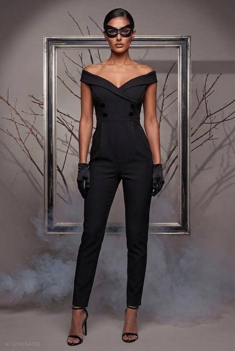 Off The Shoulder Jumpsuit Catwoman-Inspired Halloween Costume - Black by Goddiva