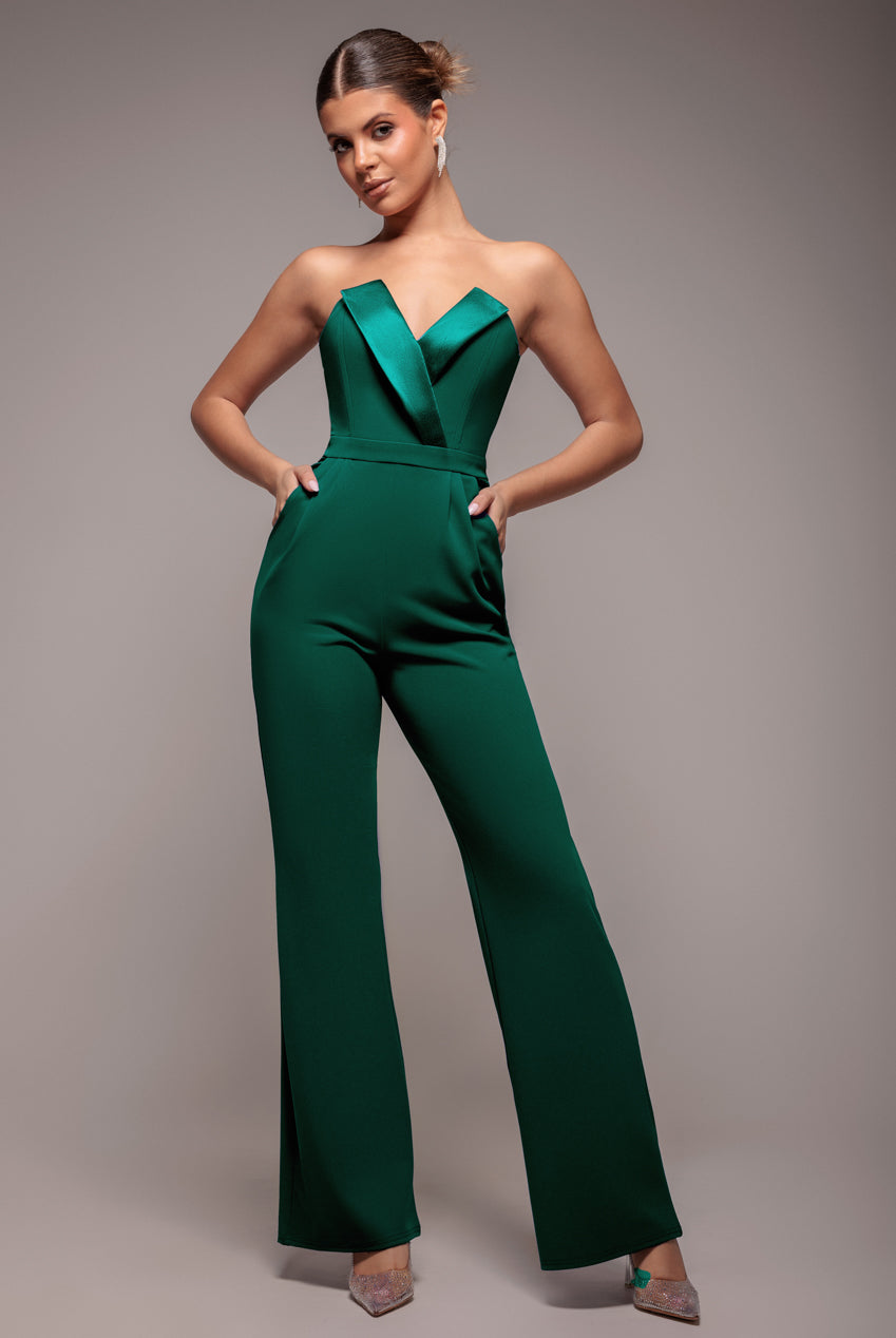 Satin Collar Scuba Jumpsuit - Emerald Green TR299