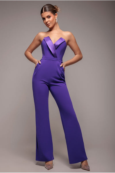 Purple - Satin Collar Scuba Jumpsuit - Purple by Goddiva