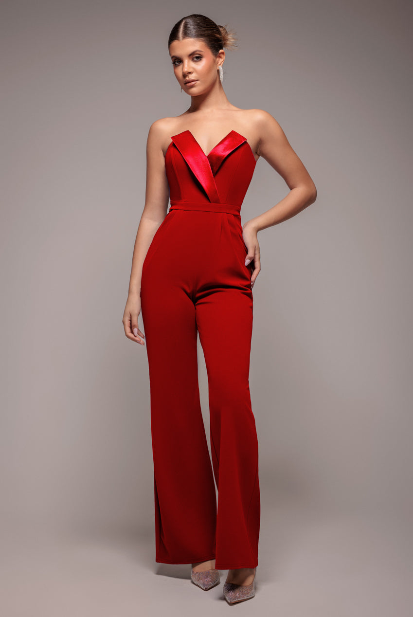 Satin Collar Scuba Jumpsuit - Red TR299