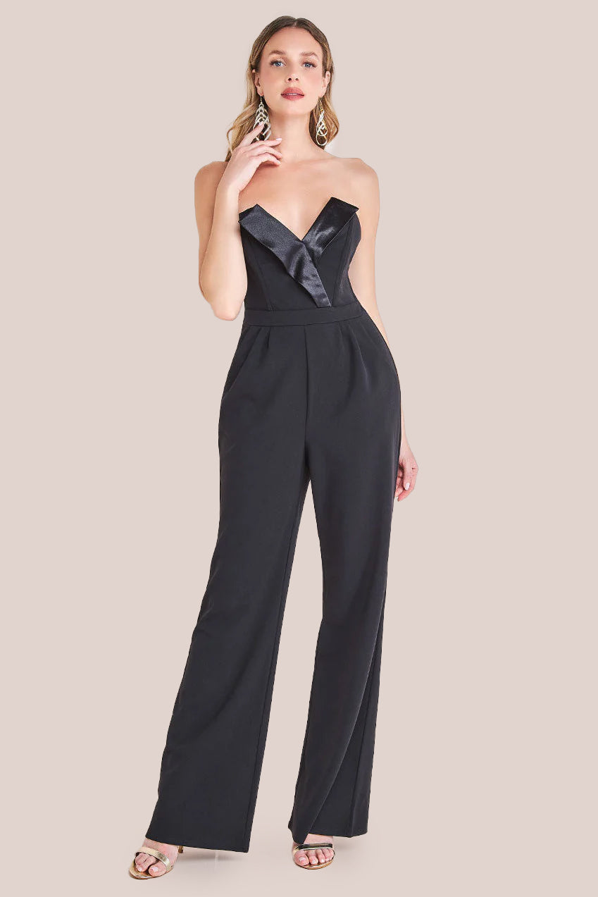 Satin Collar Scuba Jumpsuit - Black TR299