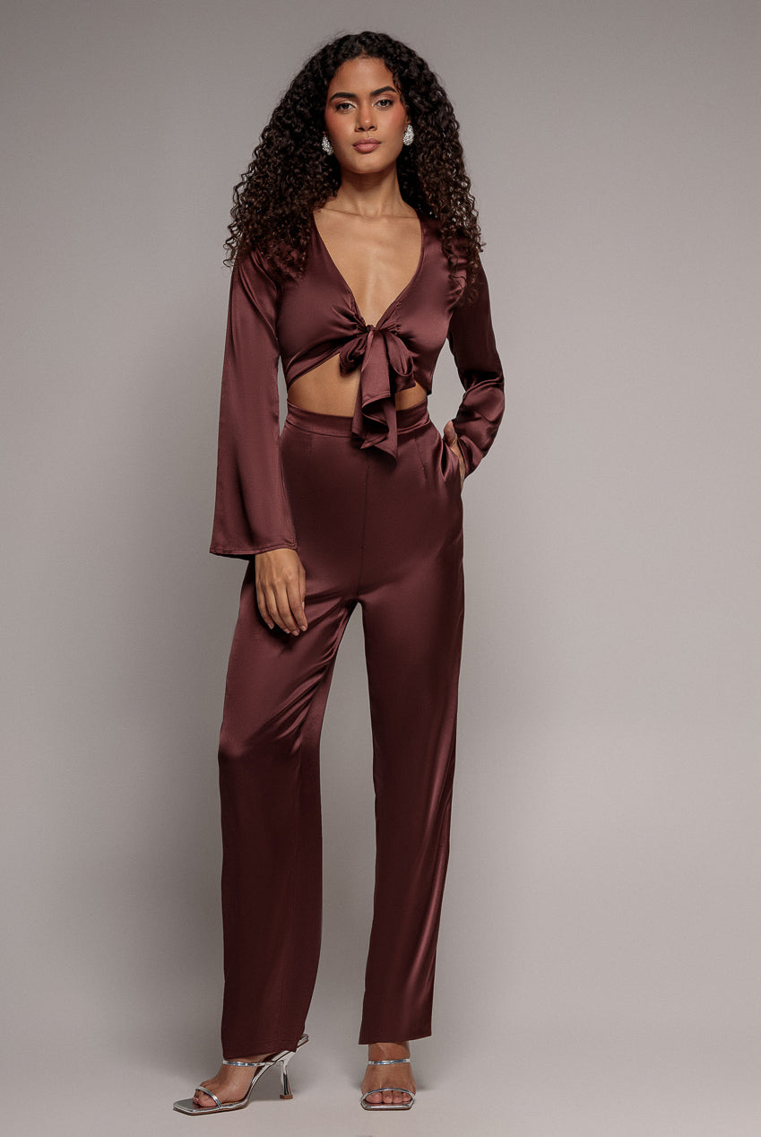 Cut Out Satin Jumpsuit - Brown TR309