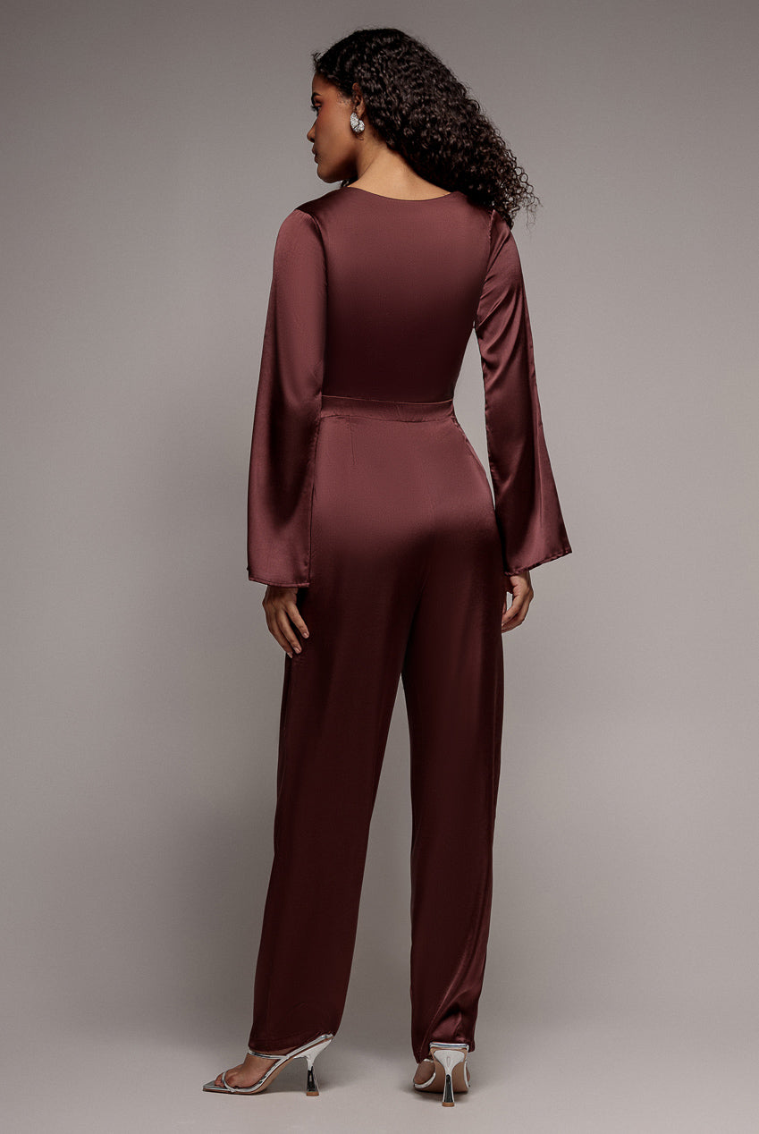 Cut Out Satin Jumpsuit - Brown TR309