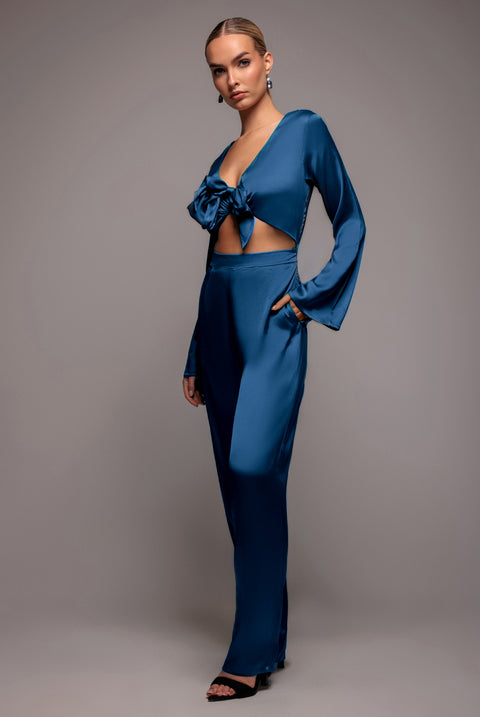 Cut Out Satin Jumpsuit - Navy by Goddiva