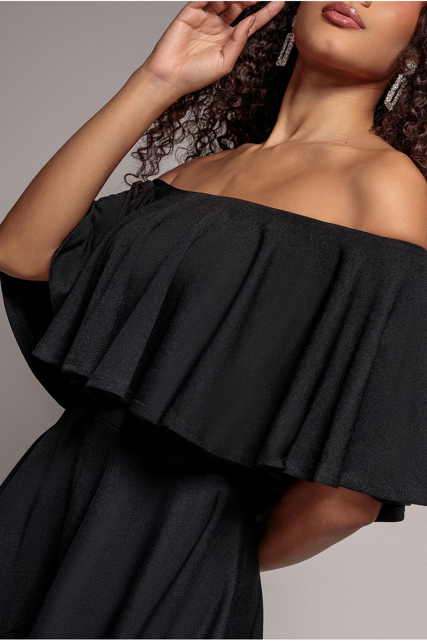 Off The Shoulder Frill Neck Skater Playsuit - Black TR30B