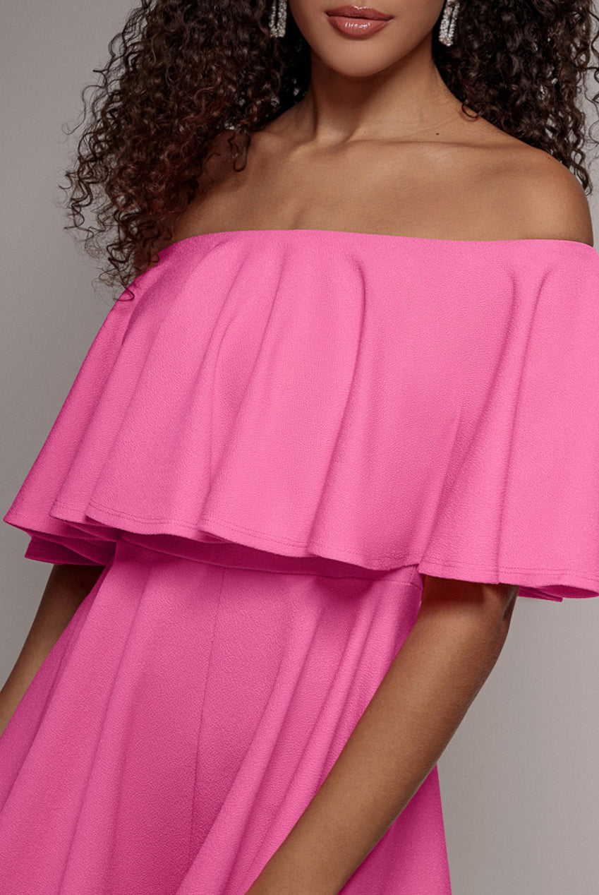 Off The Shoulder Frill Neck Skater Playsuit - Cerise TR30B