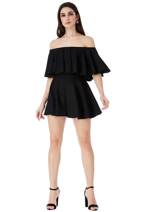 Off The Shoulder Frill Neck Skater Playsuit - Black TR30B