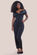 Goddiva Corset Bodice Scuba & Satin Bardot Jumpsuit - Black