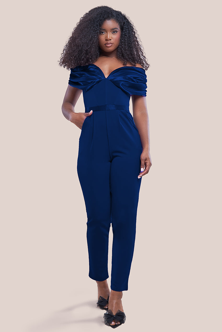 Corset Bodice Scuba & Satin Bardot Jumpsuit - Navy TR351