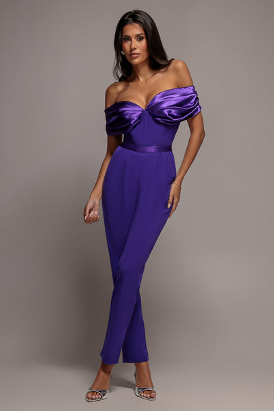 Corset Bodice Scuba & Satin Bardot Jumpsuit - Purple by Goddiva