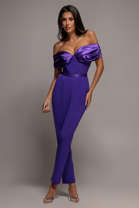 Corset Bodice Scuba & Satin Bardot Jumpsuit - Purple by Goddiva