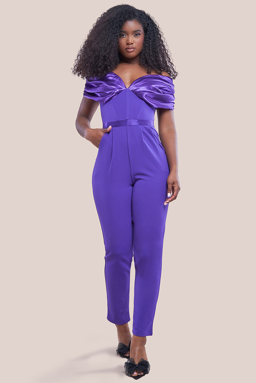 Corset Bodice Scuba & Satin Bardot Jumpsuit - Purple TR351