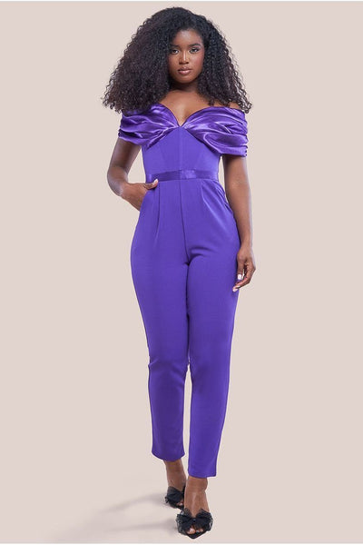 Purple - Corset Bodice Scuba & Satin Bardot Jumpsuit - Purple by Goddiva