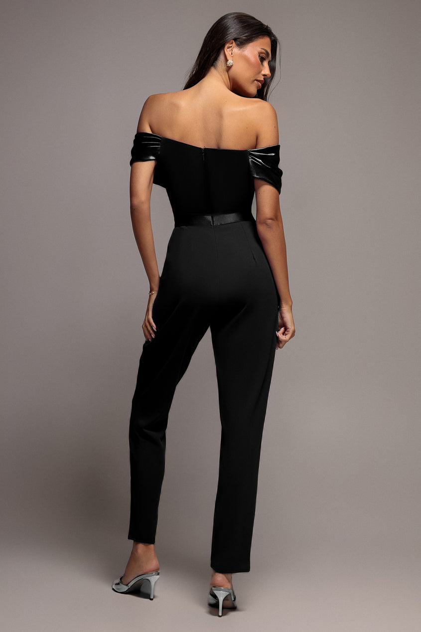 Corset Bodice Scuba & Satin Bardot Jumpsuit - Black TR351