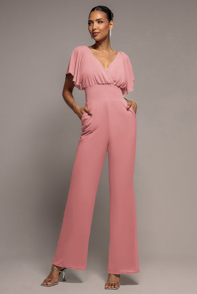 Chiffon Jumpsuit With Flutter Sleeves - Blush by Goddiva