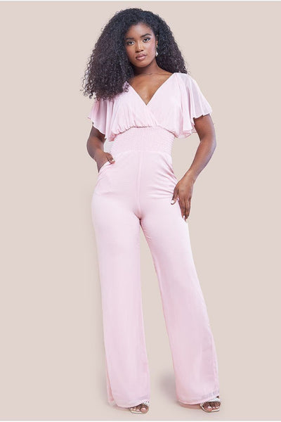 Blush - Chiffon Jumpsuit With Flutter Sleeves - Blush by Goddiva