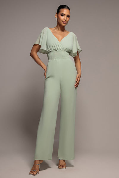 Chiffon Jumpsuit With Flutter Sleeves - Sage Green by Goddiva