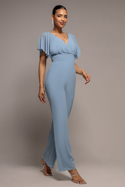 Chiffon Jumpsuit With Flutter Sleeves - Blue by Goddiva