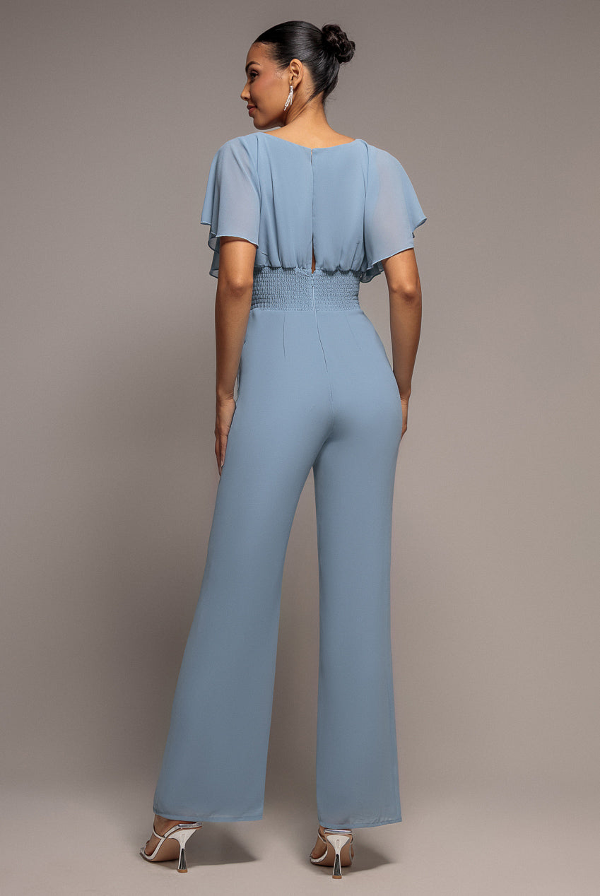 Chiffon Jumpsuit With Flutter Sleeves - Blue TR352