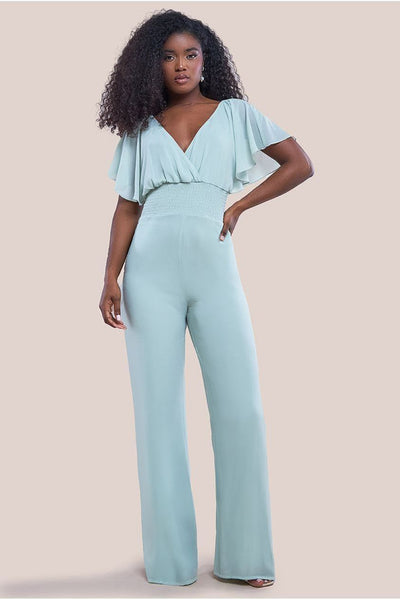 Sage Green - Chiffon Jumpsuit With Flutter Sleeves - Sage Green by Goddiva