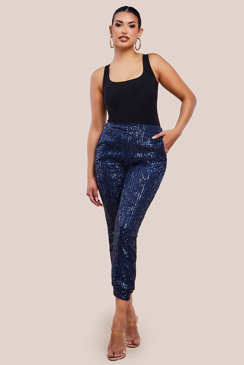 Goddiva Sequin Cuffed Ankle Trouser - Navy