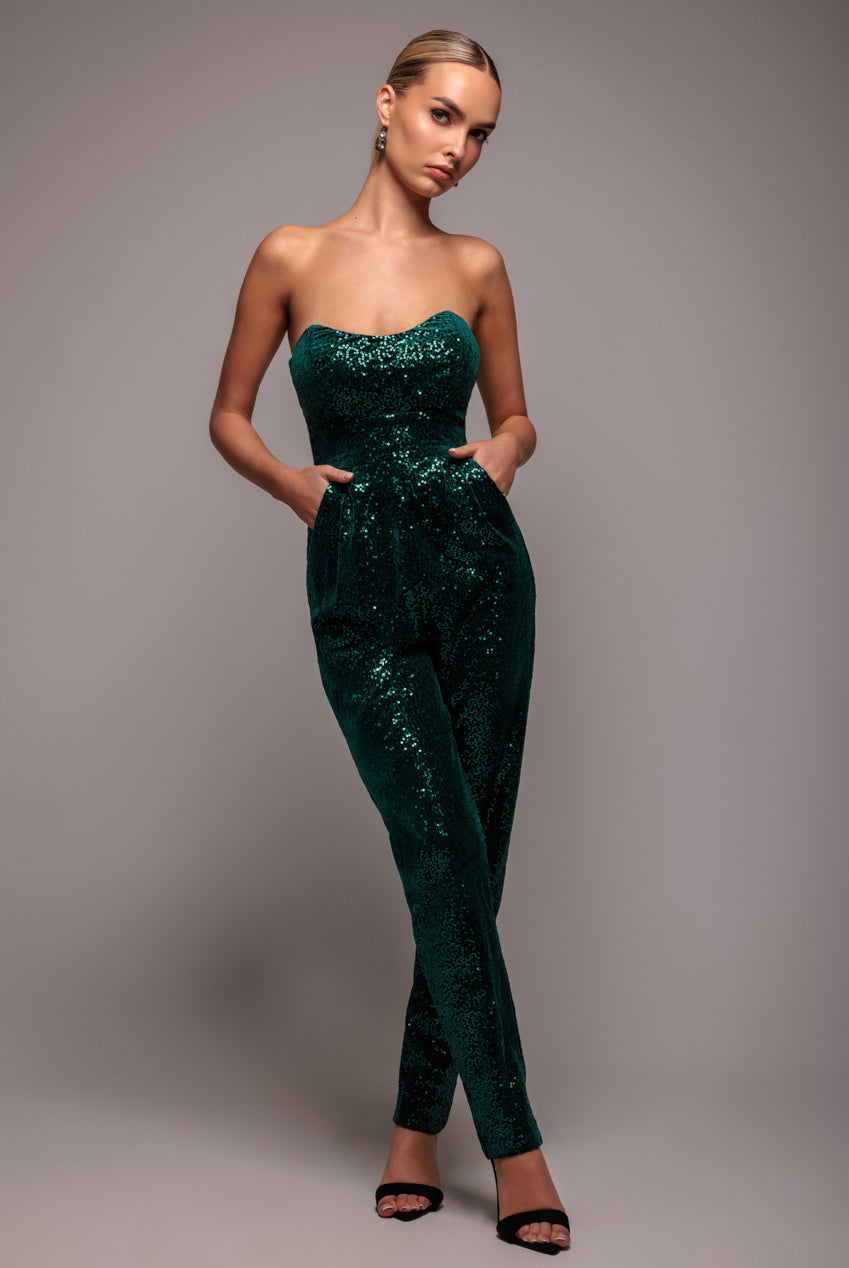 Sequin & Velvet Corset Jumpsuit - Emerald Green TR365
