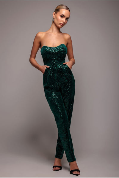 Sequin & Velvet Corset Jumpsuit - Emerald Green | Goddiva