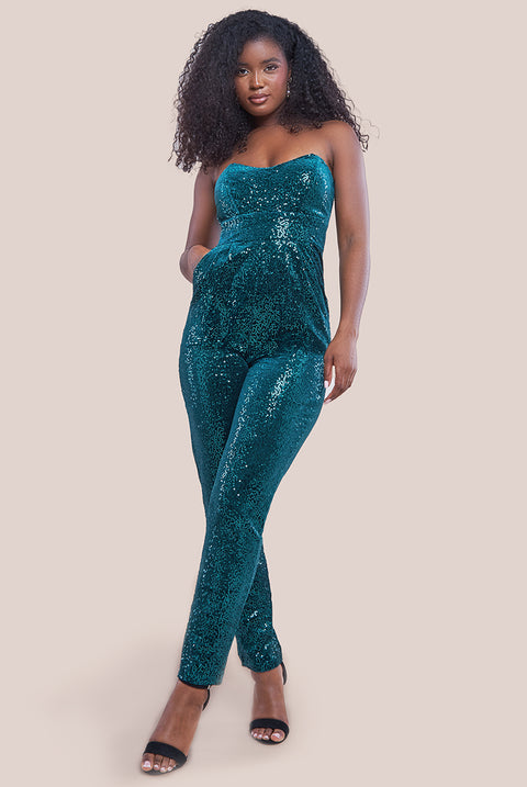 Sequin & Velvet Corset Jumpsuit - Emerald Green TR365