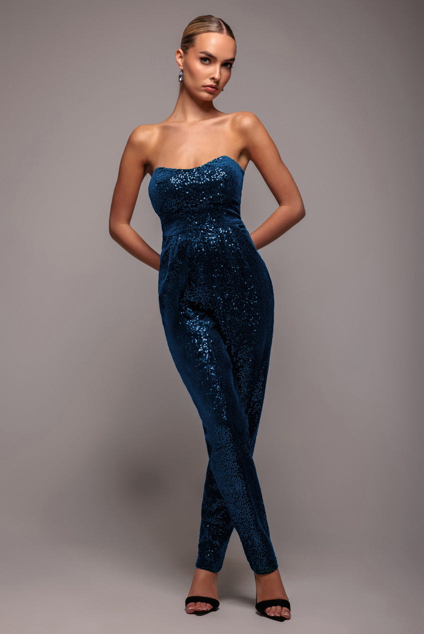Sequin & Velvet Corset Jumpsuit - Blue TR365
