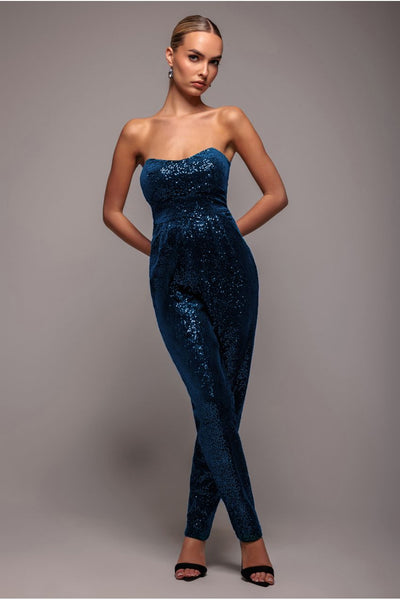 Blue - Sequin & Velvet Corset Jumpsuit - Blue by Goddiva
