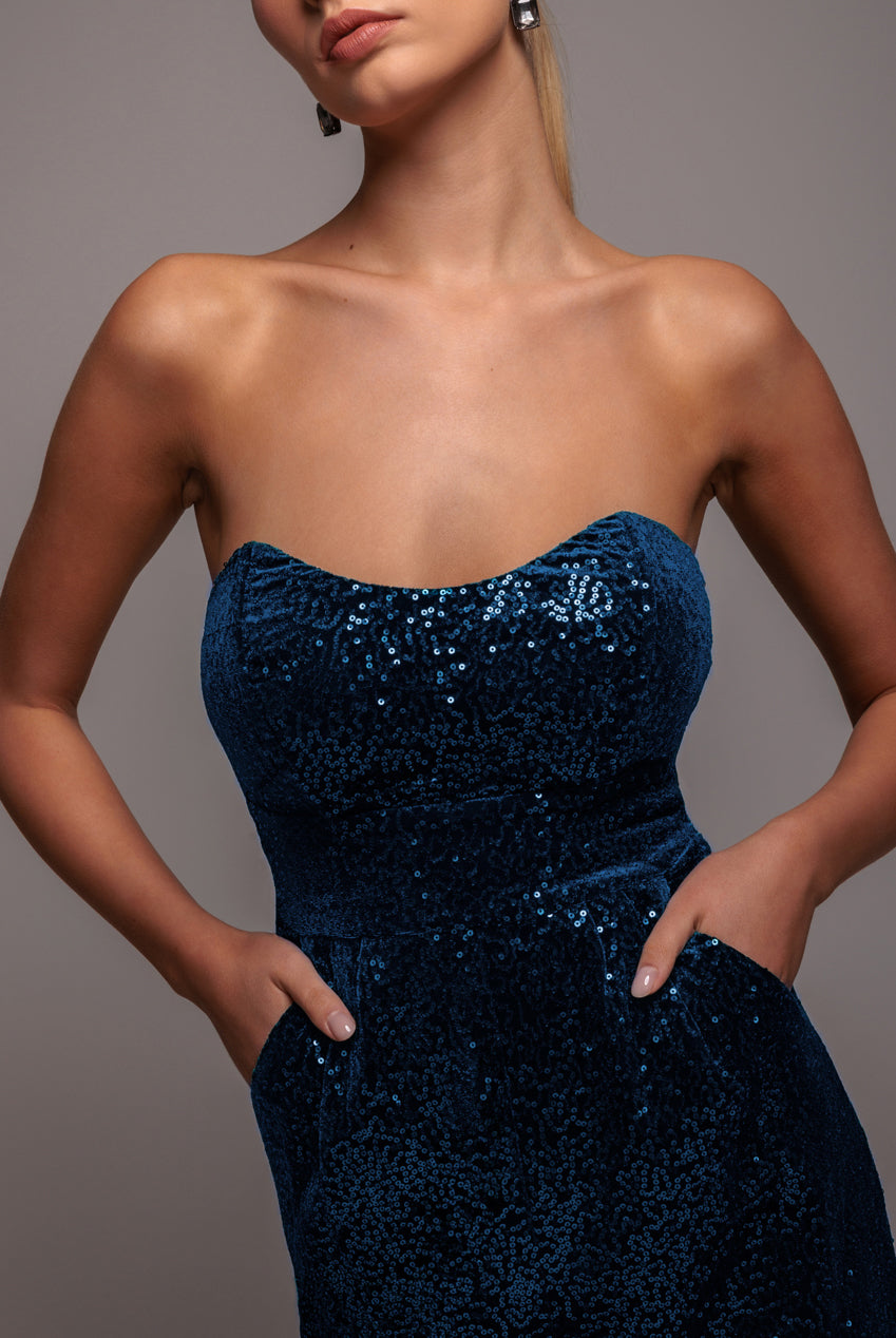 Sequin & Velvet Corset Jumpsuit - Blue TR365