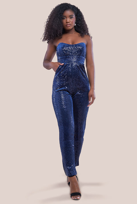 Goddiva Sequin & Velvet Corset Jumpsuit - Blue