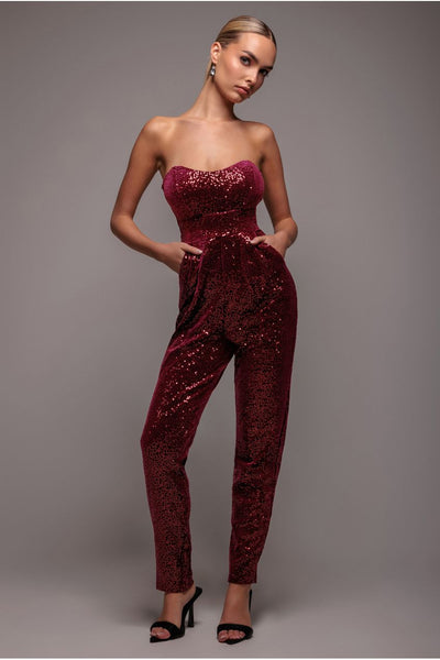 Wine - Sequin & Velvet Corset Jumpsuit - Wine by Goddiva