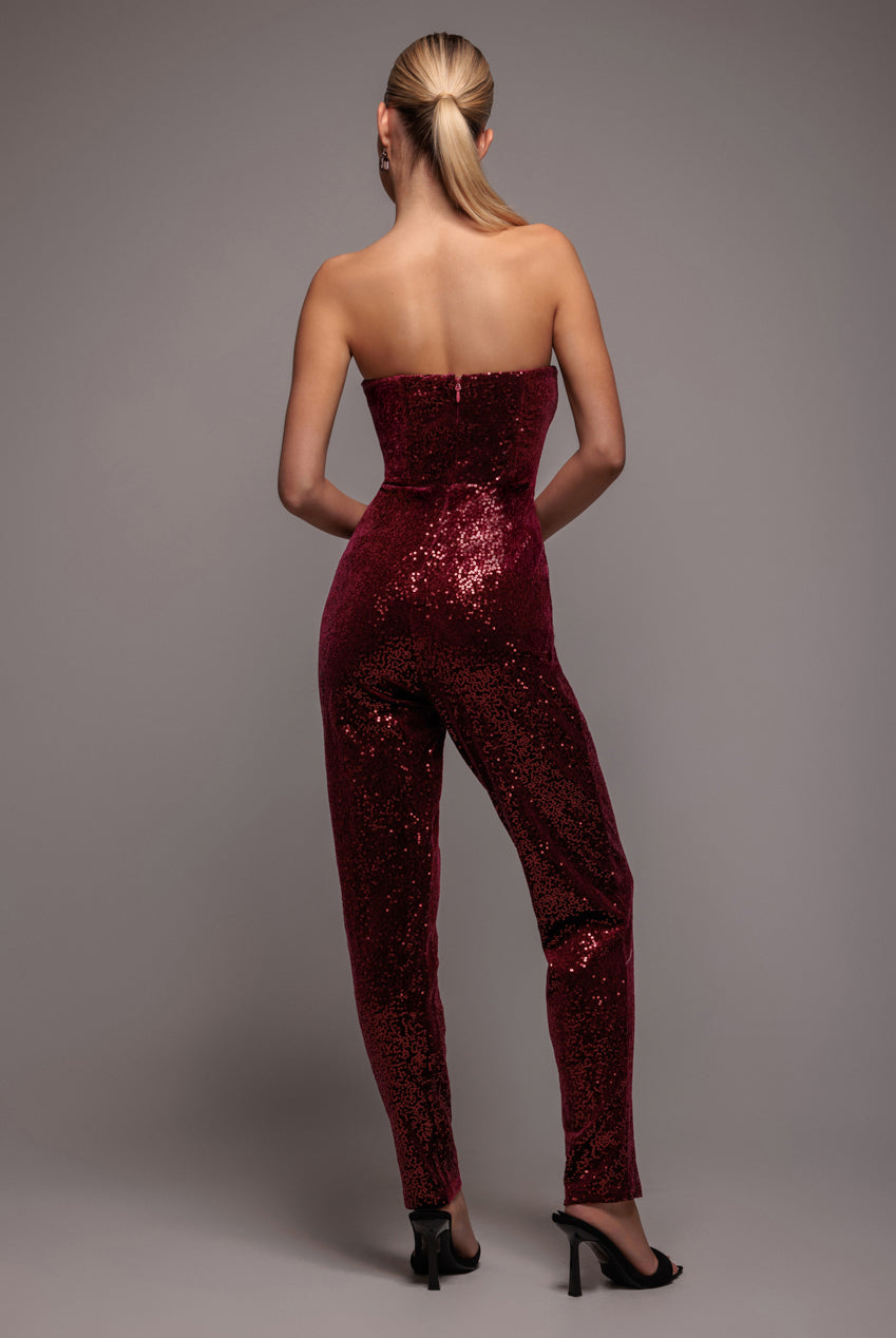 Sequin & Velvet Corset Jumpsuit - Wine TR365