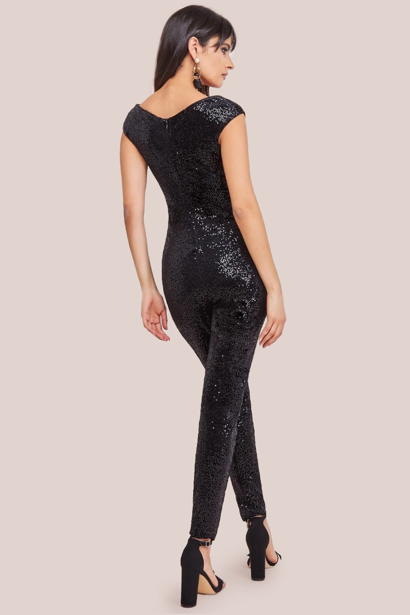 Sequin Velvet Bardot Jumpsuit - Black TR371