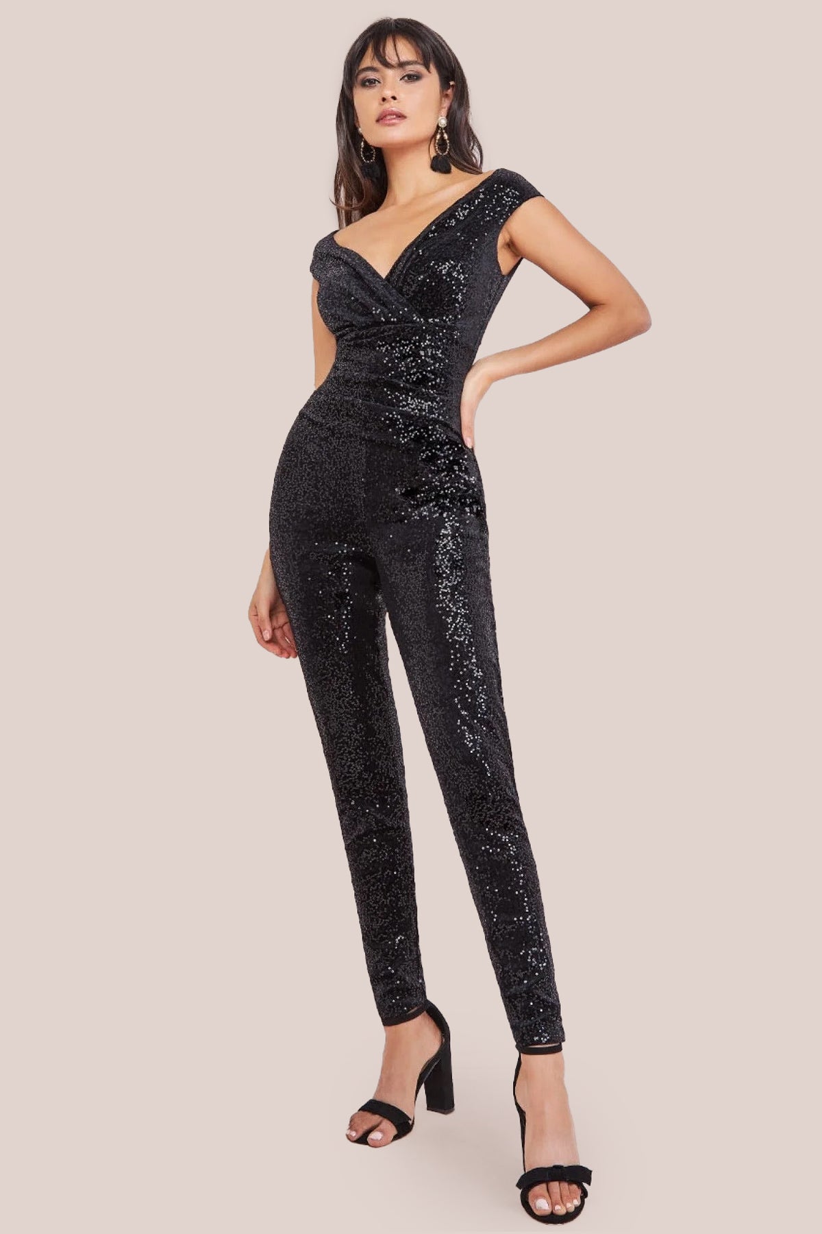 Sequin Velvet Bardot Jumpsuit - Black TR371