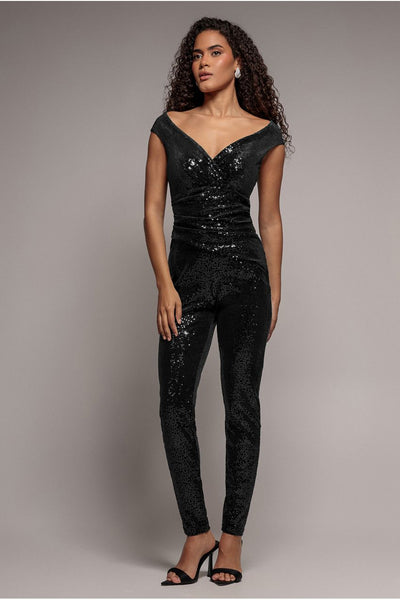 Sequin Velvet Bardot Jumpsuit - Black by Goddiva