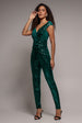 Sequin Velvet Bardot Jumpsuit - Emerald Green by Goddiva